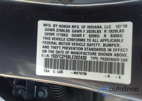 2020 Honda Civic Lx z USA, uszkodzony, nr VIN 19XFC2F68LE202430